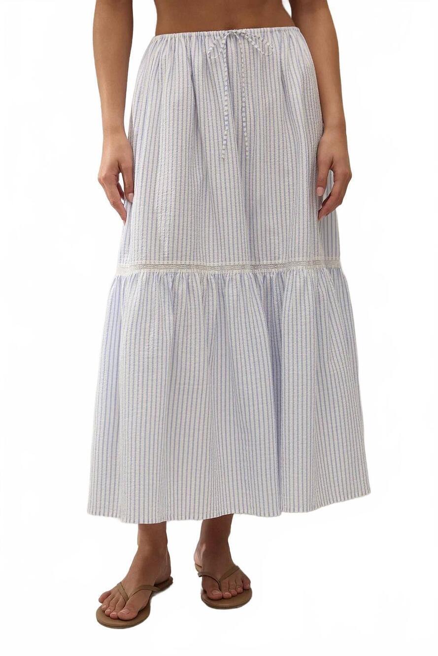 NEW FAITHFULL THE BRAND venta midi skirt in carmen stripe - light blue white